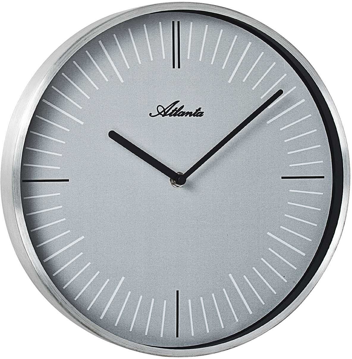 Orologio da parete rotondo in metallo con bordo argentato, quadrante grigio e lancette nere