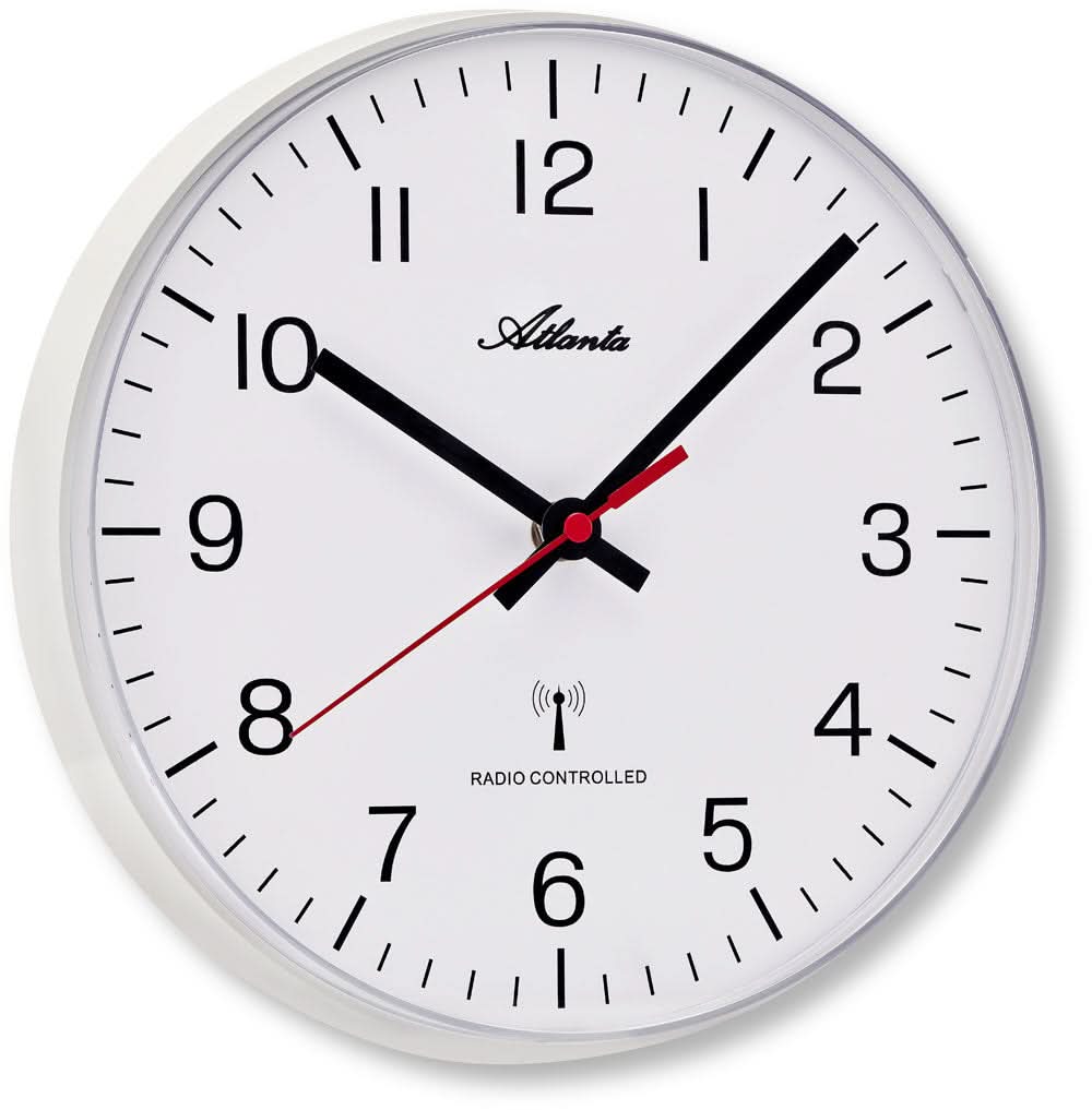 Orologio da parete rotondo con quadrante bianco, lancette nere e accenti rossi, scritta Atlanta