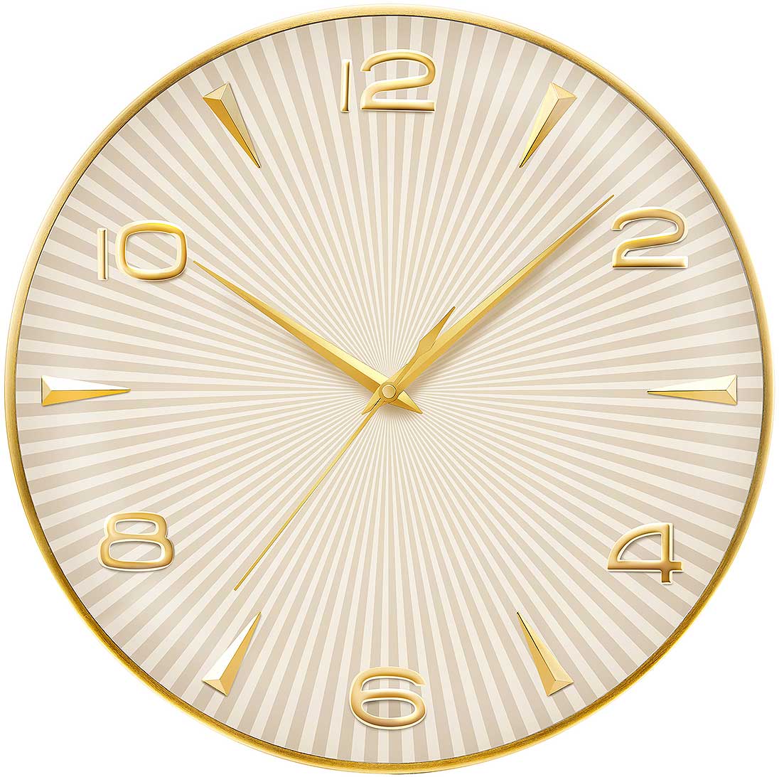 Orologio da parete dorato con quadrante beige, numeri e lancette dorati.