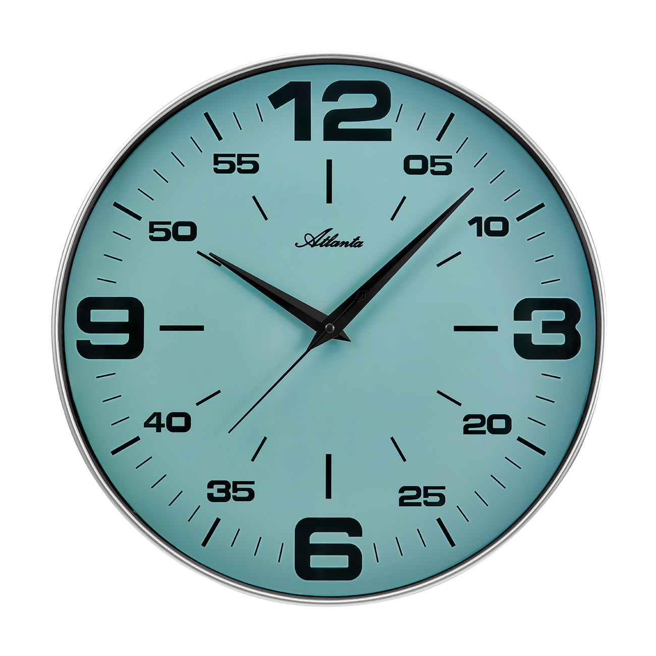 Runde Wanduhr mit silbernem Rand, türkisfarbener Ziffernfläche, arabischen Ziffern und Glas.