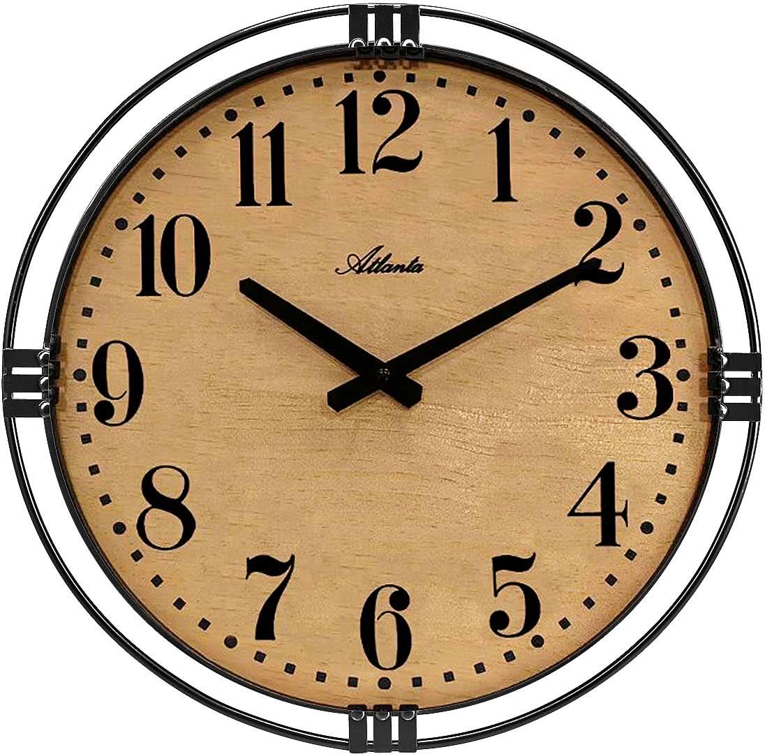 "Orologio da parete con quadrante rotondo in legno, numeri romani e lancette neri, cornice in metallo nero"