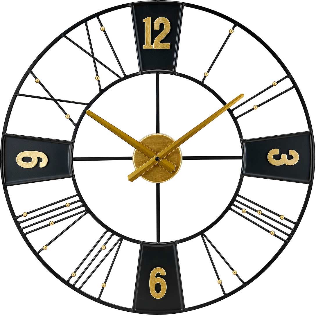 Orologio da parete rotondo con quadrante nero, numeri e lancette dorati