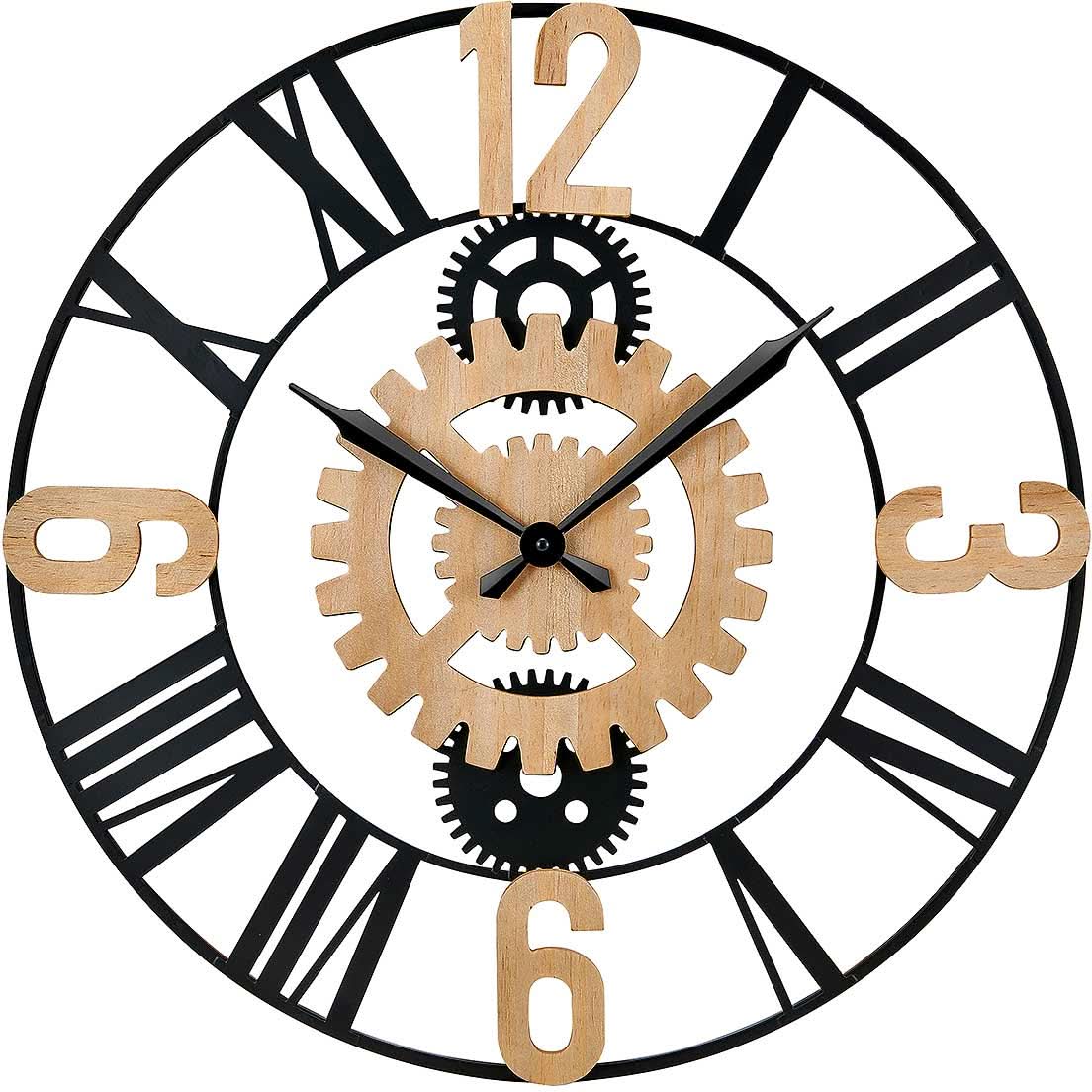 Orologio da parete con quadrante nero e effetto ingranaggi in legno