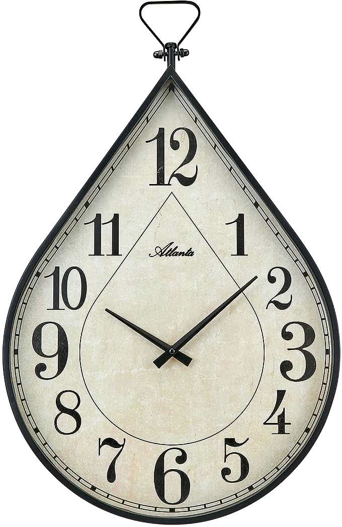 Orologio da parete a forma di goccia con cornice in metallo nero, numeri arabi e lancette