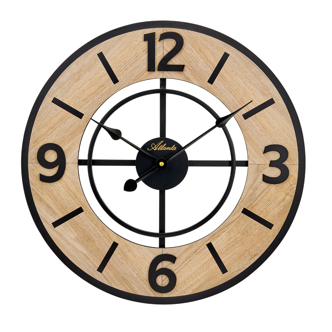 Wanduhr mit schwarzem Metallrahmen, hellem Holzblatt und arabischen Ziffern, schwarze Zeiger