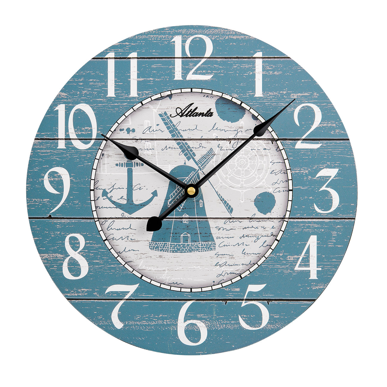 Wanduhr mit arabischen Ziffern, blauem Ziffernblatt und schwarzem Uhrzeiger, Holzoptik