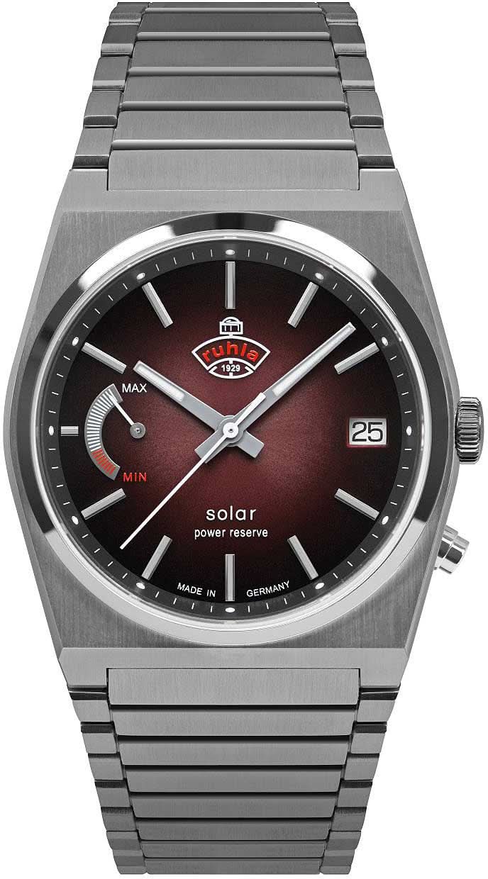 Orologio da uomo con bracciale in metallo, quadrante scuro, logo solare e data 25