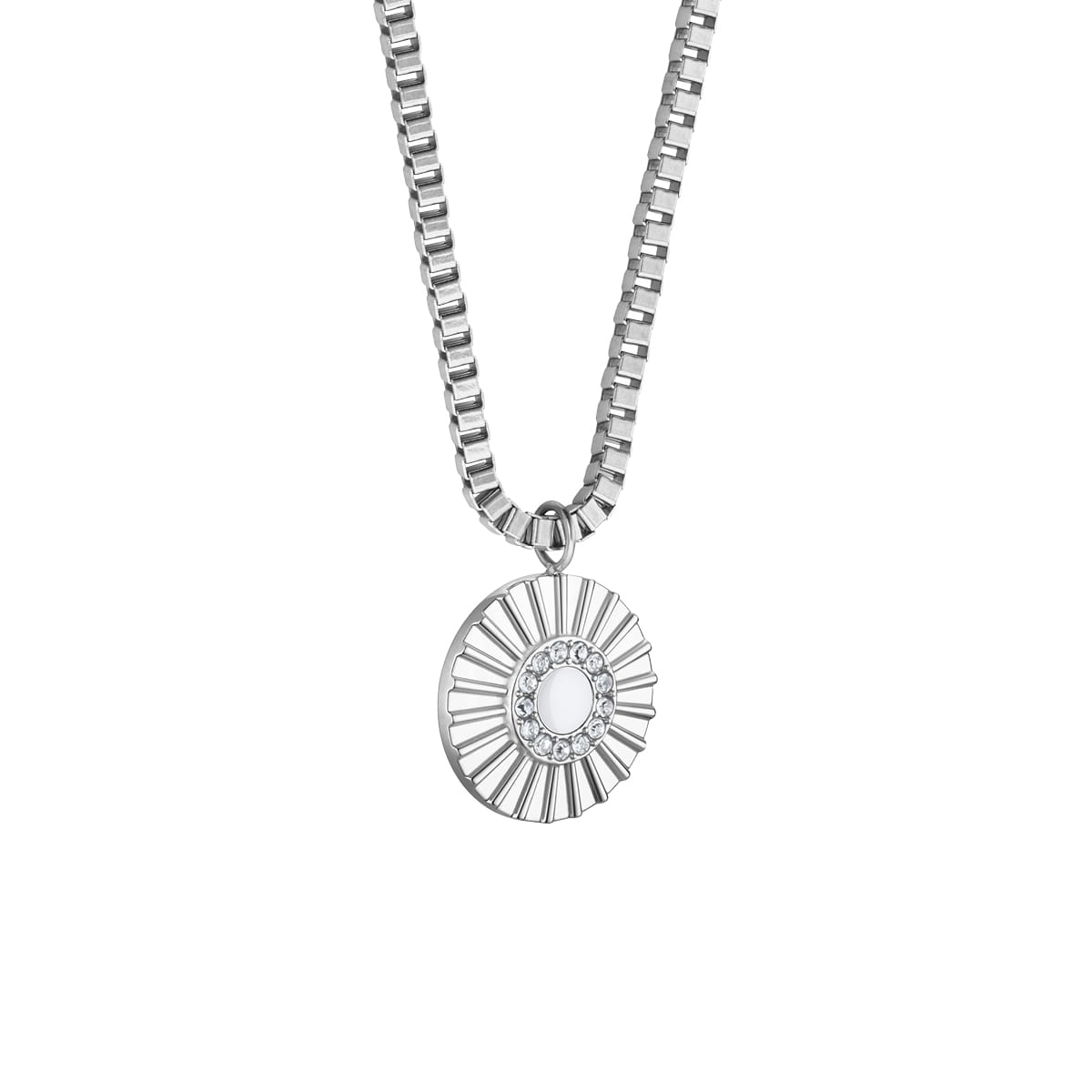 Collana con pendente in cristallo color argento e motivo a raggiera rotondo