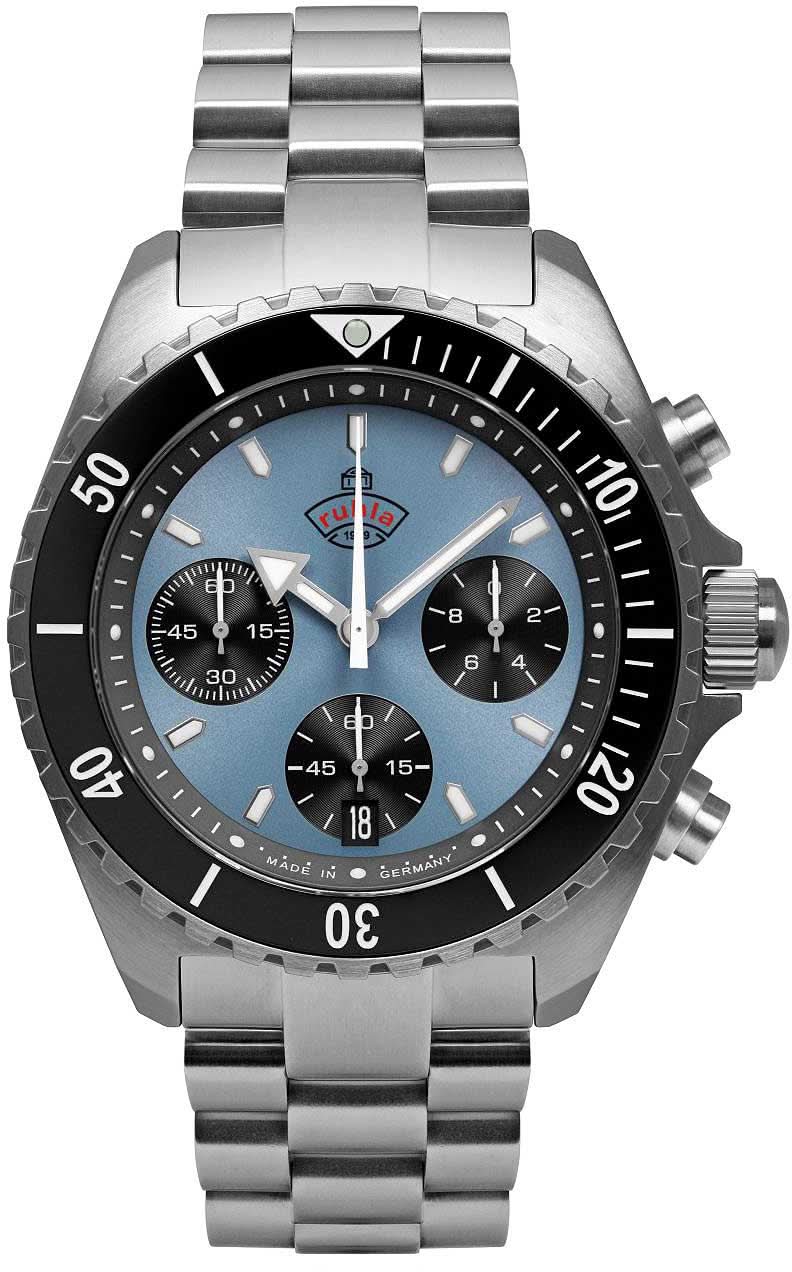 Ruhla Glasbach Cup orologio da uomo con bracciale in acciaio inossidabile, quadrante blu e cronografo