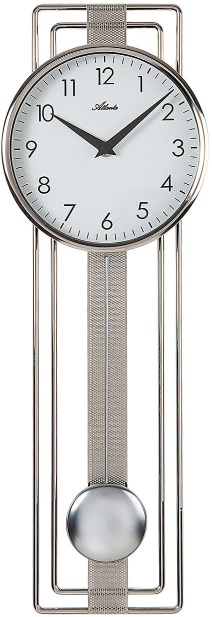 Orologio da parete con cassa rettangolare in metallo, quadrante bianco, lancette nere e peso rotondo