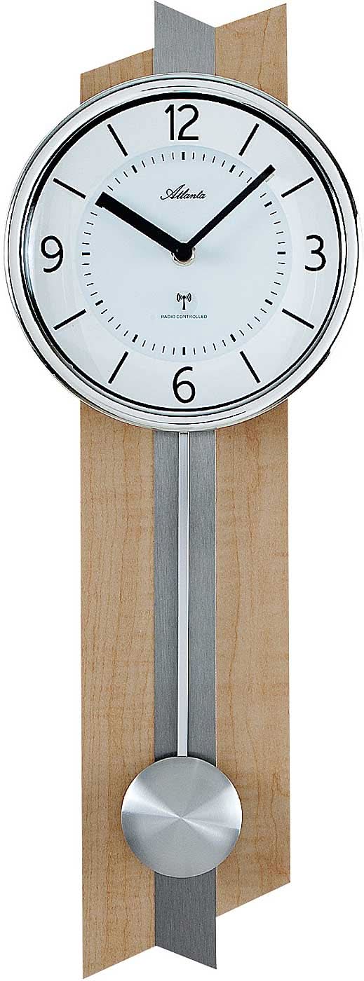 Orologio da parete in legno con quadrante rotondo, numeri neri e pendolo in basso.