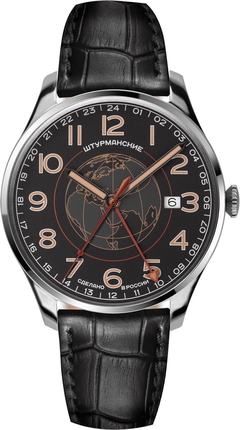 Orologio da uomo con cinturino in pelle nera e cassa in argento, quadrante scuro
