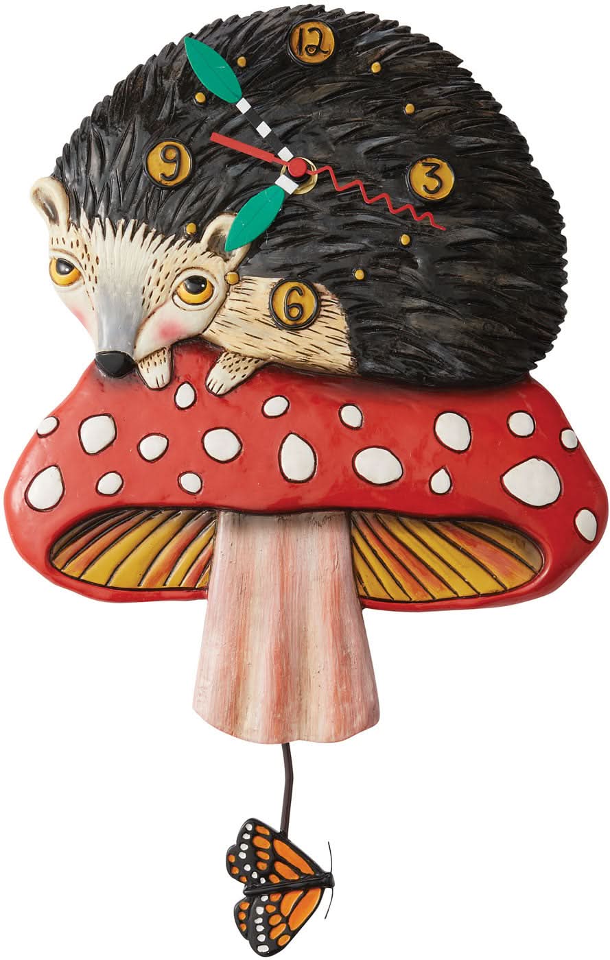 Orologio da parete con motivo di riccio, quadrante nero con numeri colorati, base rossa a forma di cappello