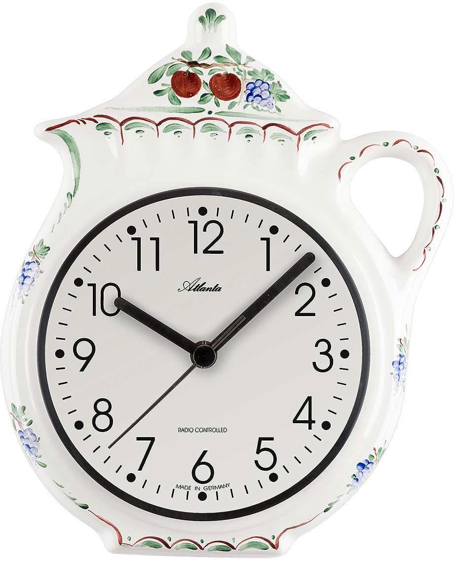 Orologio da parete in ceramica, quadrante bianco con lancette nere, decorato con motivi floreali