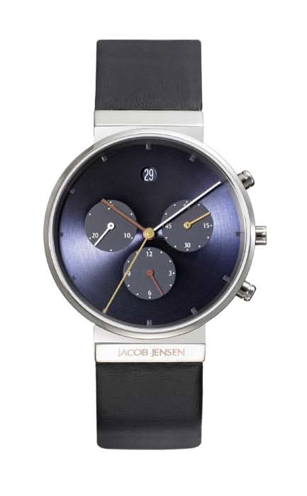 Orologio da polso cronografo con quadrante blu-nero, cassa color titanio e cinturino in pelle nera