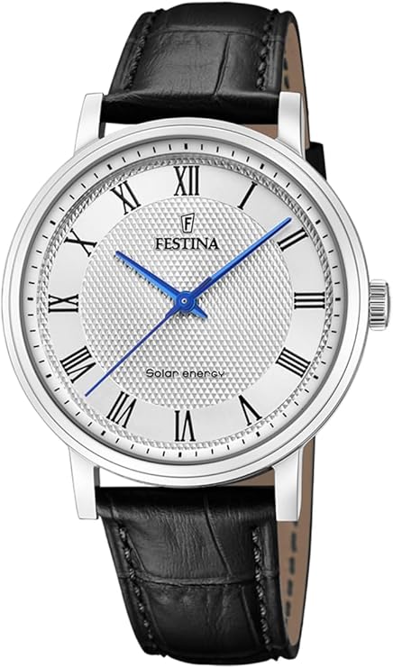 Orologio da uomo Festina Solar con quadrante argento, numeri romani e cinturino in pelle nera