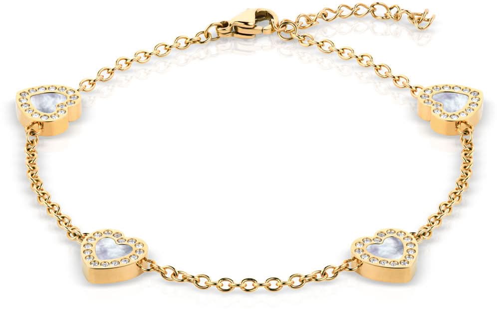 Bracciale color oro con elementi a cuore e inserti di pietre blu scintillanti