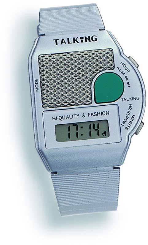 Sprechende Digitaluhr mit hellem Armband, rechteckigem Display und Tasten am Rand