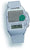 Sprechende Digitaluhr mit hellem Armband, rechteckigem Display und Tasten am Rand