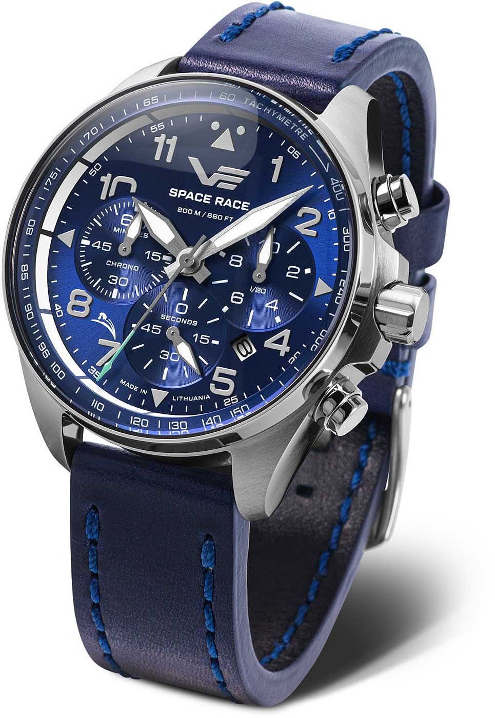 Orologio da uomo con cinturino in pelle blu e quadrante blu, cronografo secondario