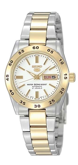 Orologio da donna Seiko 5 con bracciale bicolore in acciaio inossidabile, quadrante color argento-oro e datario