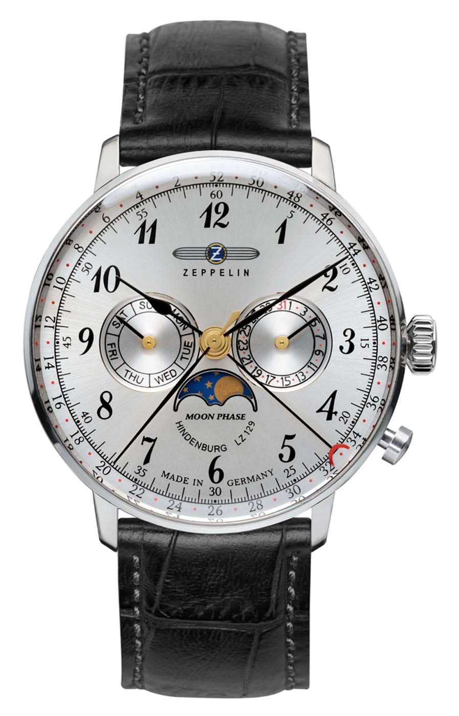 Orologio da uomo con cinturino in pelle nera, cassa argentata e quadrante bianco con fasi lunari