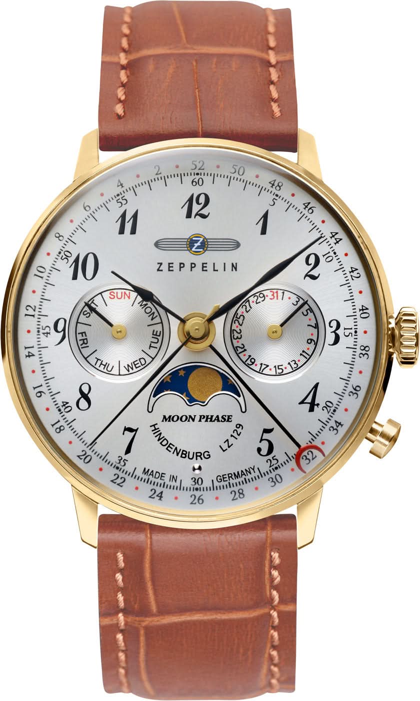 Orologio da donna con cinturino in pelle marrone, cassa color oro, quadrante con fasi lunari