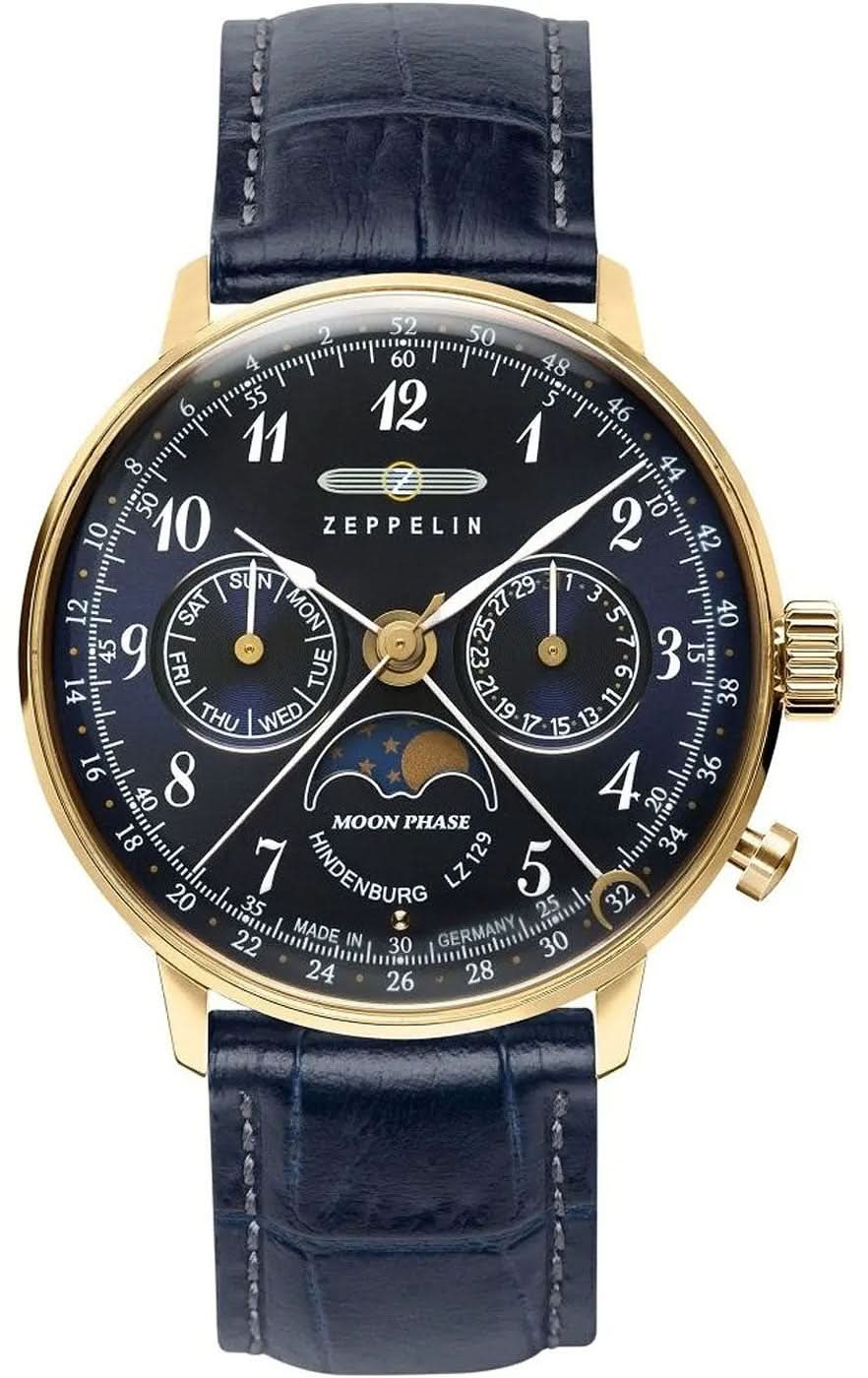 "Orologio da donna: quadrante blu con fasi lunari, cinturino in pelle blu scuro, cassa color oro"