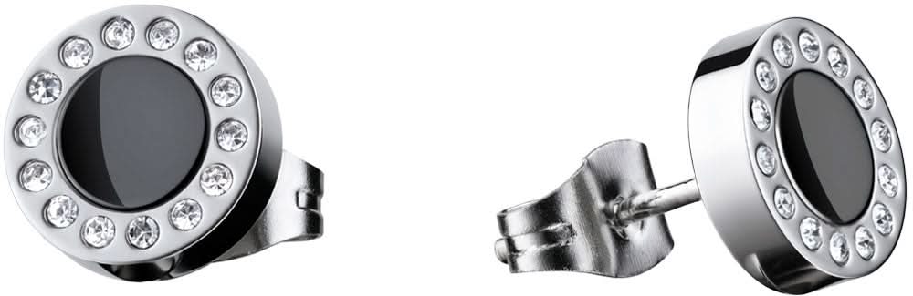 Orecchini in acciaio inossidabile, rotondi con inserto scuro e bordo in zircone