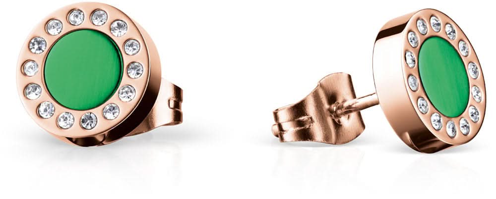 Orecchini in acciaio inossidabile, rotondi: design color oro rosa con pietra verde e zirconi