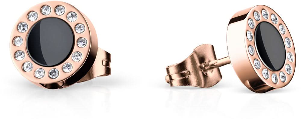 Orecchini con inserto rotondo nero e bordo scintillante in strass, color oro rosa