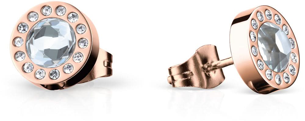 Orecchini in acciaio inossidabile color oro rosa con pietra grigia rotonda e piccole pietre decorative a cerchio