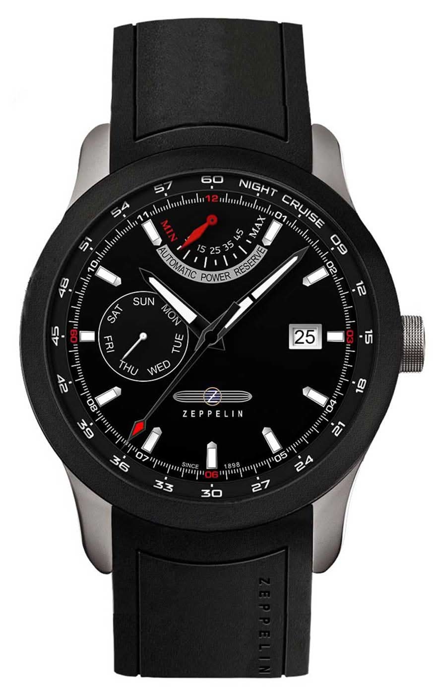 Orologio da uomo con quadrante nero e datario, cinturino nero, automatico.