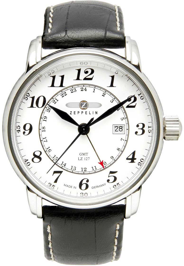 Orologio da uomo Zeppelin: cassa rotonda in argento, cinturino in pelle nera, quadrante bianco con GMT.