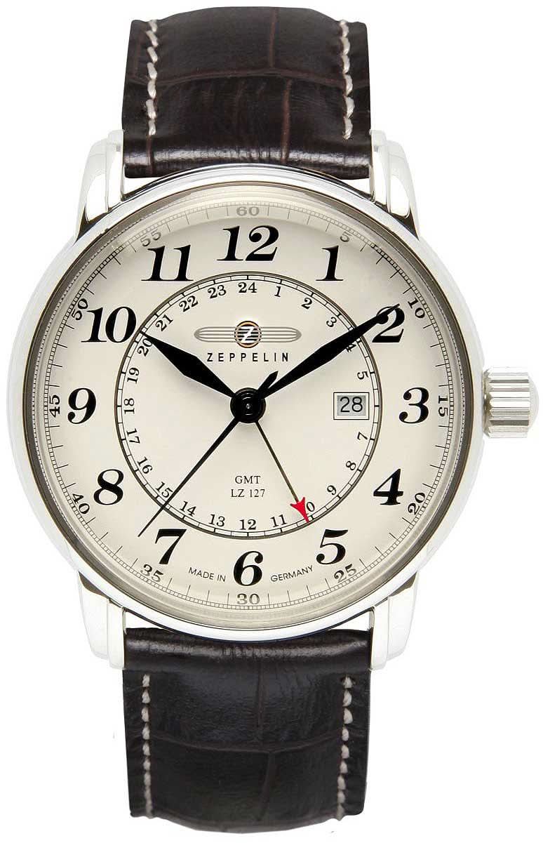 Orologio da uomo Zeppelin con cinturino in pelle nera, cassa argentata, quadrante bianco e datario