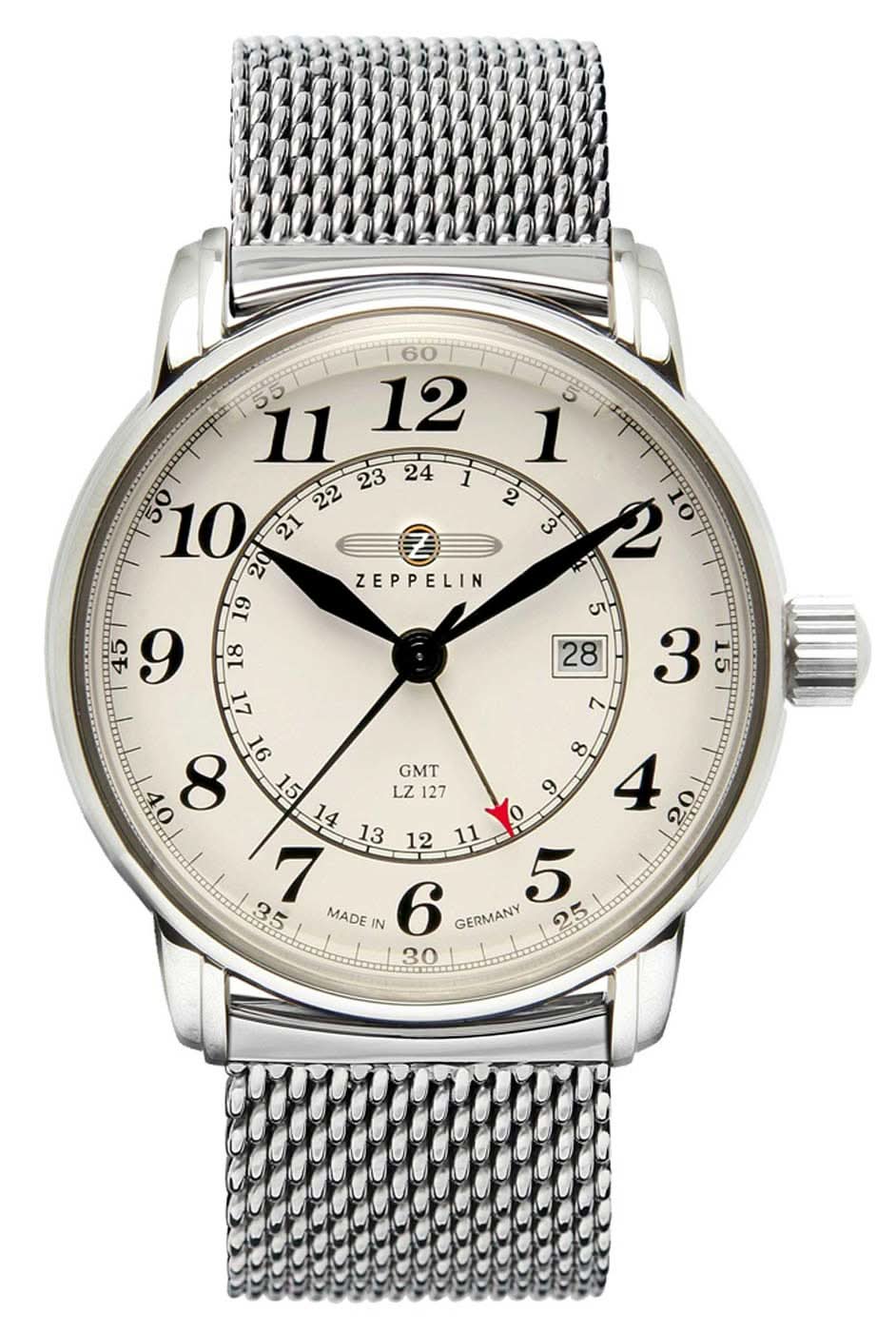 Orologio da uomo con bracciale in maglia d'argento, quadrante analogico e datario a ore 3