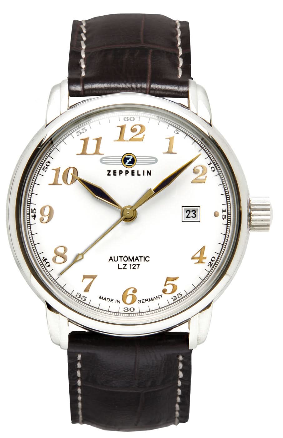 Orologio da uomo: cassa argentata, quadrante bianco, cinturino in pelle marrone, datario