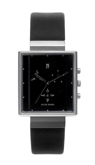 Bracciale da uomo Jacob Jensen con cassa rettangolare, quadrante nero e cinturino in pelle nera