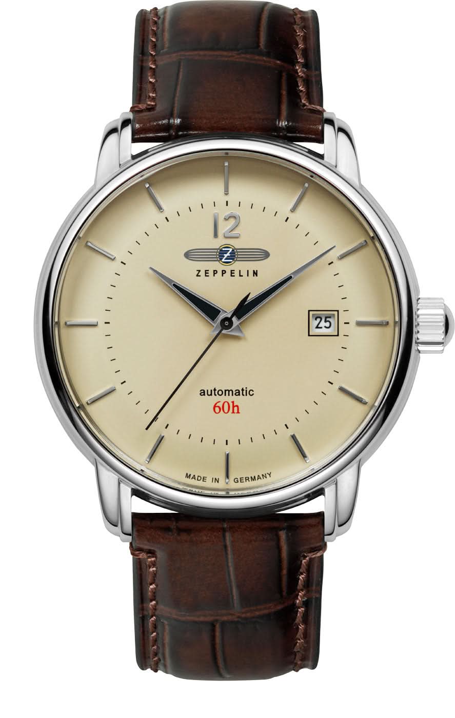 Orologio da uomo con cinturino in pelle marrone, quadrante beige e lunetta in acciaio