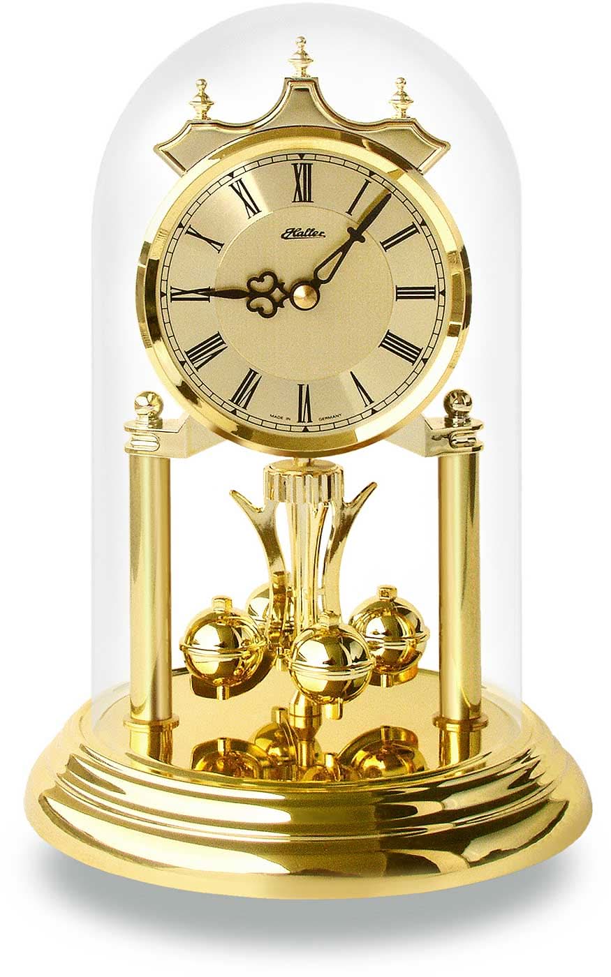 Orologio da tavolo in ottone con campana di vetro e quadrante romano