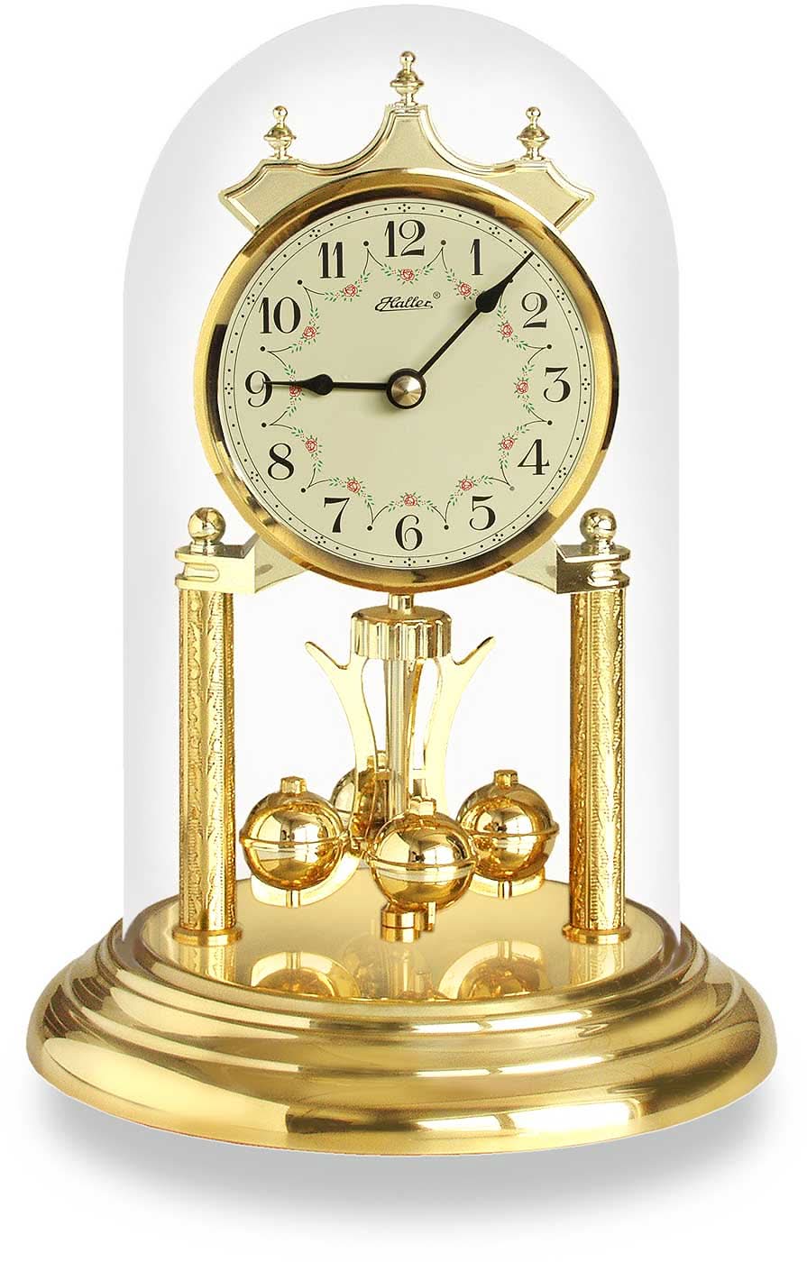 Orologio da tavolo con campana di vetro, quadrante rotondo e cassa in metallo color oro
