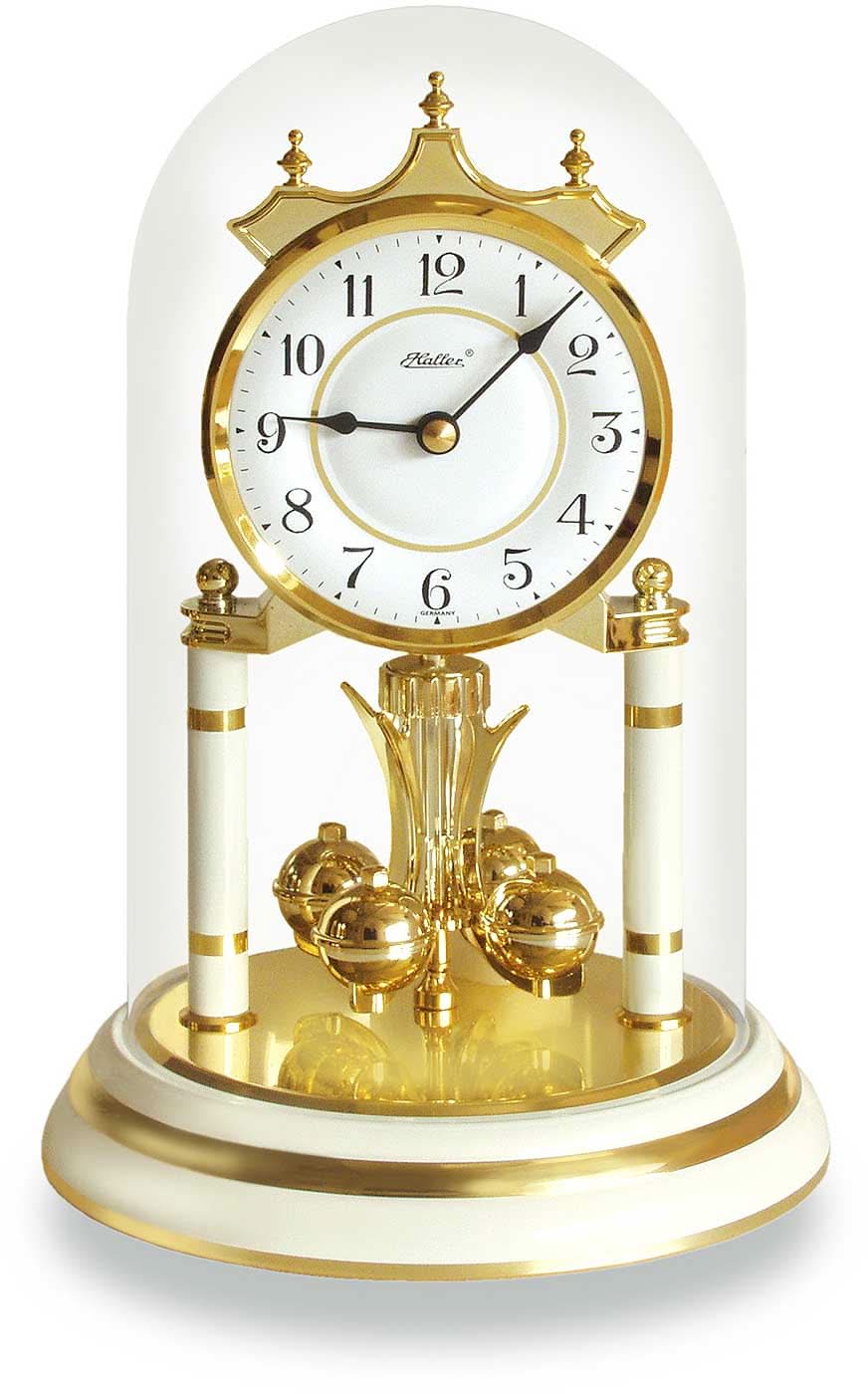 Orologio da tavolo in ottone con quadrante rotondo e campana di vetro, finiture dorate