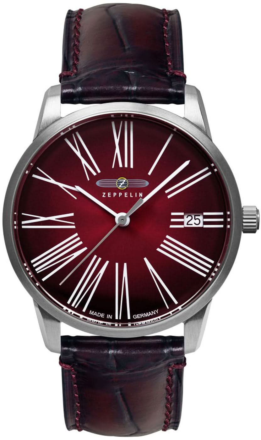 Orologio da donna con quadrante bordeaux, numeri romani e cinturino in pelle marrone, cassa argentata