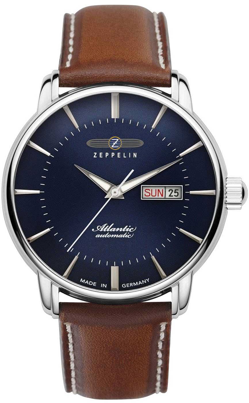 Orologio da uomo con quadrante blu, cinturino in pelle marrone e datario giorno-data a ore 3