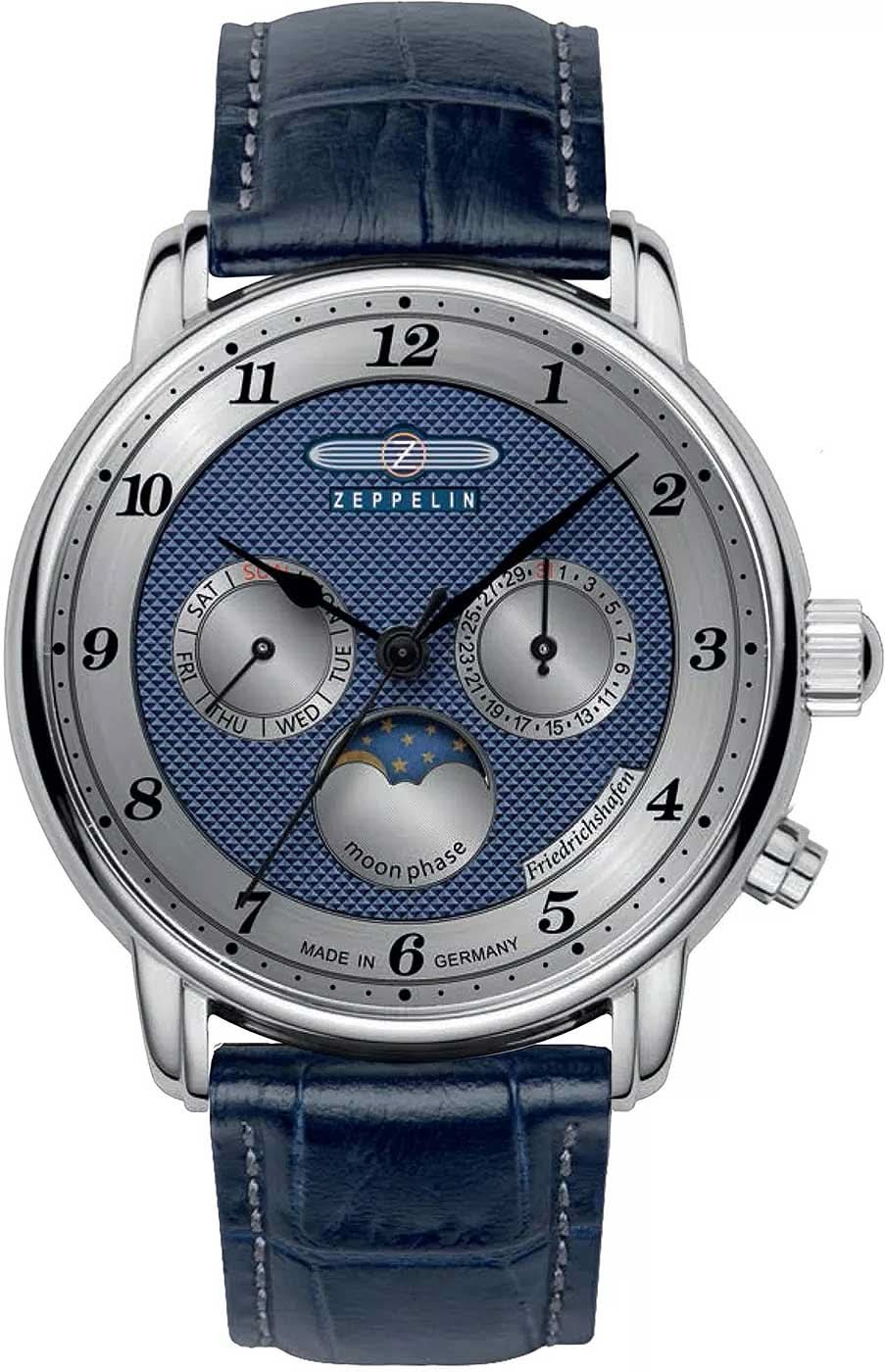 Orologio da uomo con quadrante blu, cassa color argento e cinturino in pelle blu scuro
