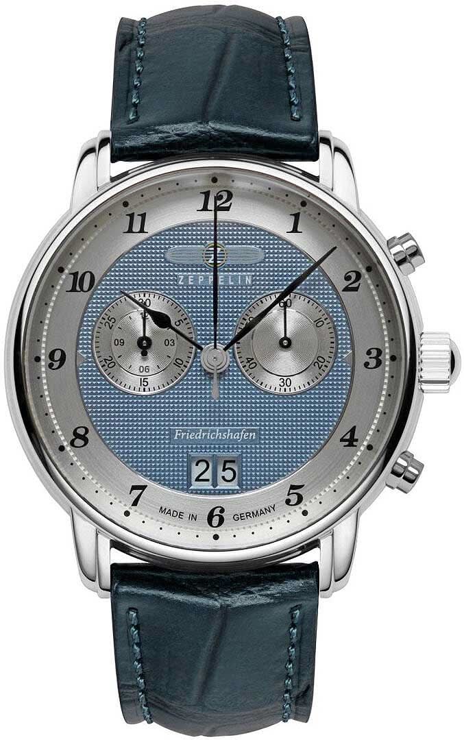 Orologio da uomo con cinturino in pelle blu scuro, cassa argentata e quadrante grigio