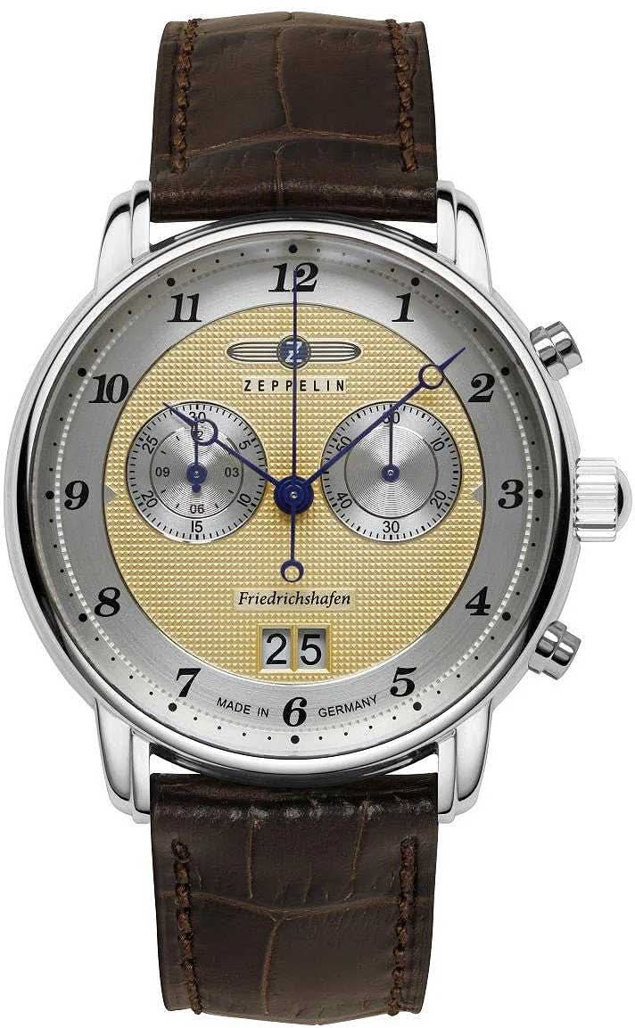 Orologio da uomo con cinturino in pelle marrone, cassa argentata e quadrante con accenti blu