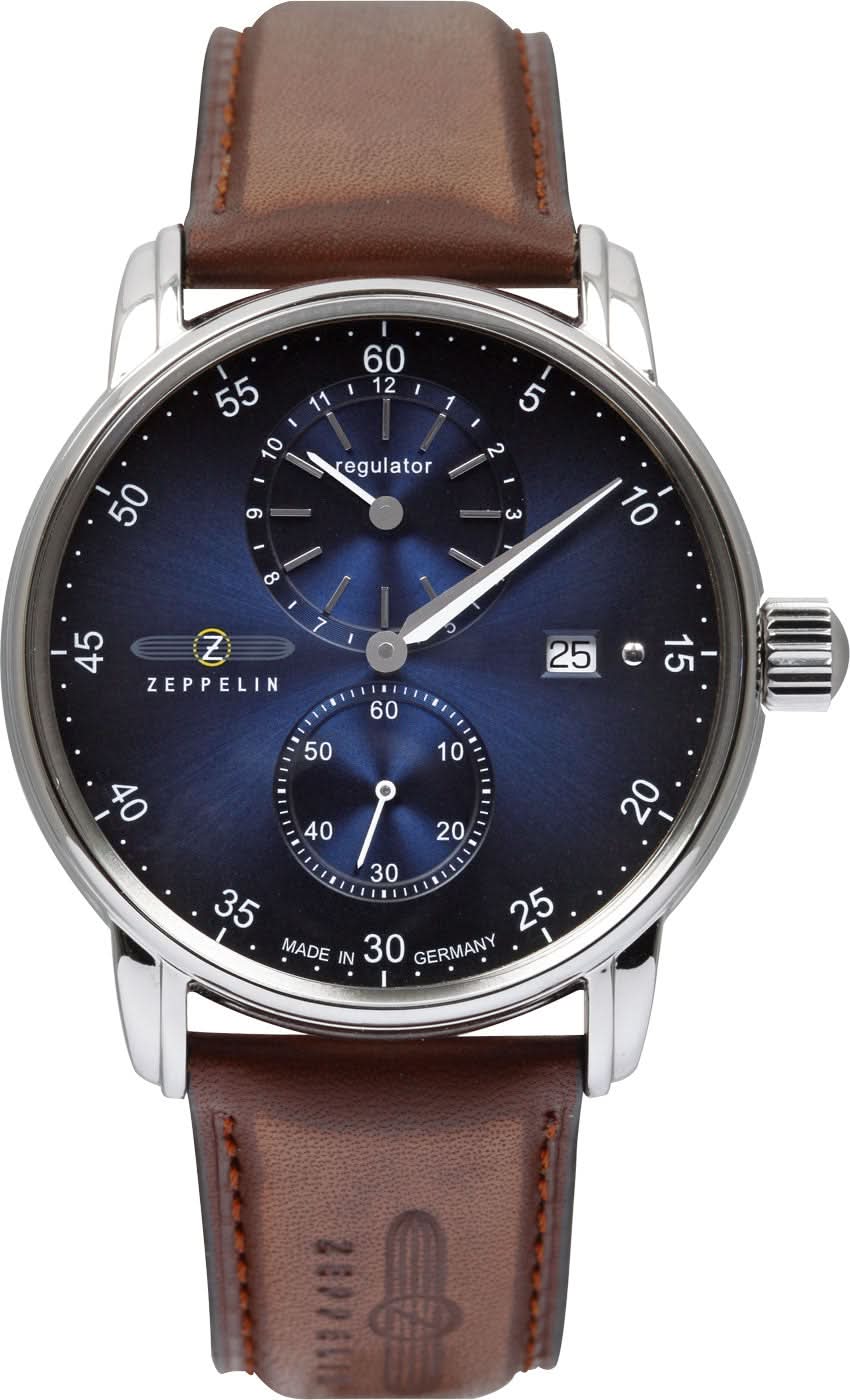Zeppelin Herrenuhr mit dunkelblauem Zifferblatt, silbernem Gehäuse und braunem Lederarmband
