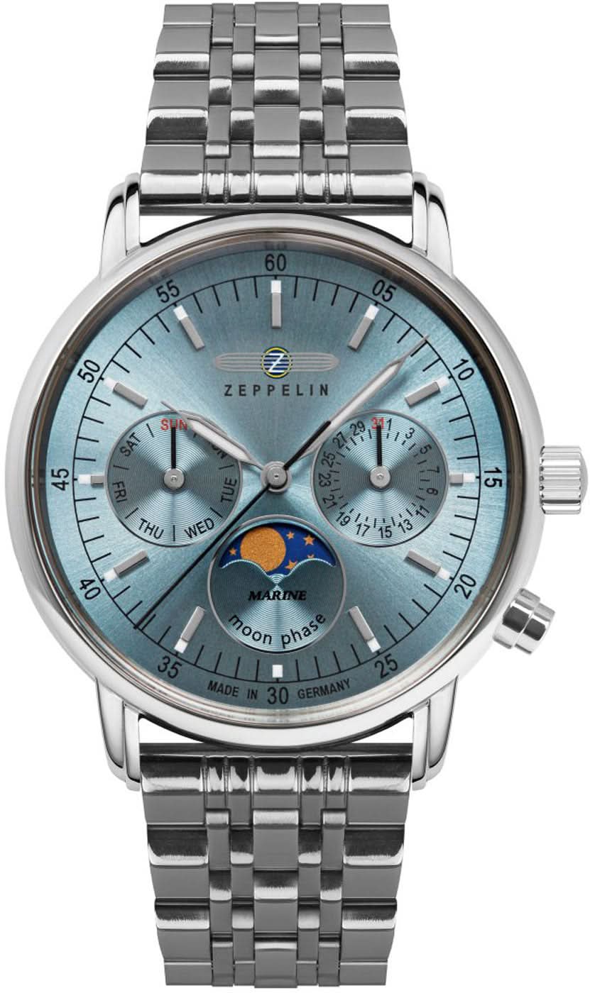 "Orologio da donna con bracciale in metallo, quadrante blu e indicatore delle fasi lunari, cassa rotonda"