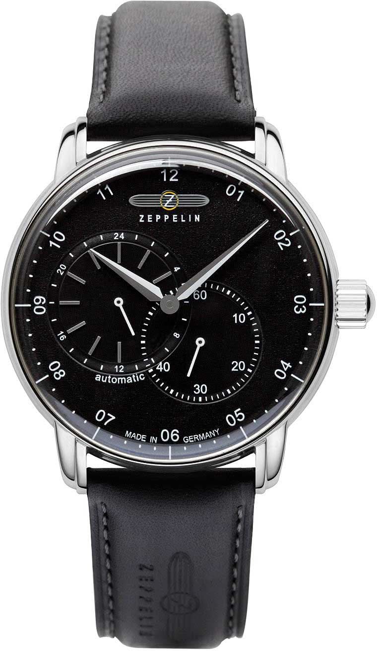 Herrenarmbanduhr mit schwarzem Zifferblatt, silberfarbenem Gehäuse und Lederarmband, Automatik